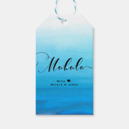 Blått akvarellstrand Tropisk chic MAHALO ALOHA Presentetikett