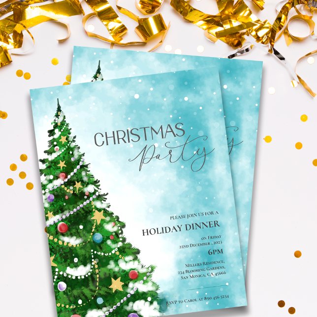 Blått akvarellträd julfestinbjudan (Blue Watercolor Tree Christmas Party Invitation)
