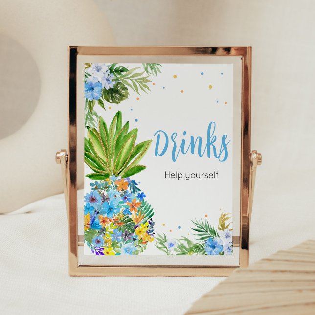 Blått ananas, babydroppar i blommigten poster (Blue Gold Pineapple Baby Shower Drinks Sign)