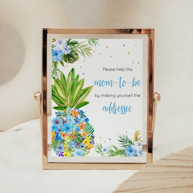 Blått ananas babykuvert för blommigt Station Poster (Blue Gold Pineapple Baby Shower Envelope Station Sign)