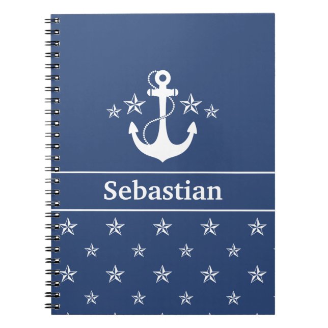 Blått ankrar med stjärnor anteckningsbok med spiral (Framsidan)