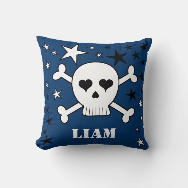 Blått Anpassade Cute Crossbone Skull och Stars Kudde (Framsida)