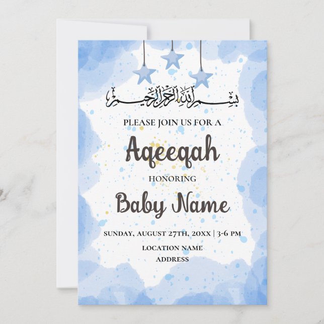 Blått Aqeeqah Aqiqah-inbjudningskort Inbjudningar (Framsida)