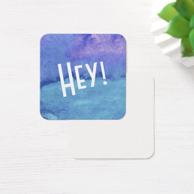 Blått Aqua, purpurfärgad vattenfärg med "Hey!", Fyrkantigt Visitkort (Skivbord)