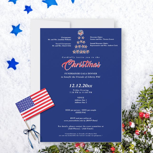 Blått årligt politiskt stöd i julklapp Gala-middag Inbjudningar (Blue Christmas political fundraiser gala invitation on snowy background with star tree)