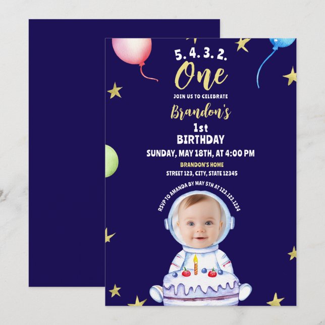 Blått astronaut med kummel 1:a födelsedagen inbjudningar (Fram/baksida)