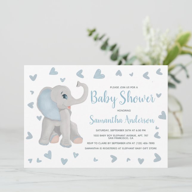 Blått Baby Elephant Watercolor Baby Shower Photo Inbjudningar (Stående Fram)