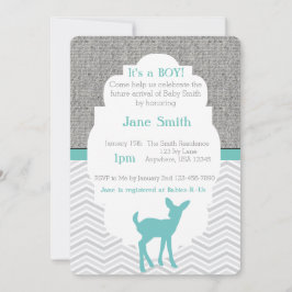 Blått Baby Hjort Burlap Chevron Baby Shower Inbjud Inbjudningar