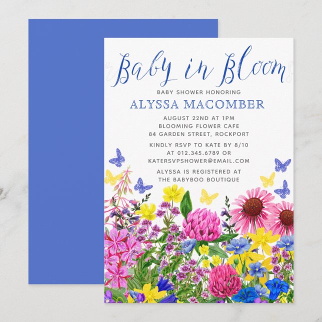 Blått Baby i Blommigten Blått babyskor Inbjudningar (Fram/baksida)