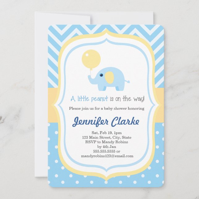 Blått Baby Little Elephant Baby Shower-inbjudan Inbjudningar (Framsida)