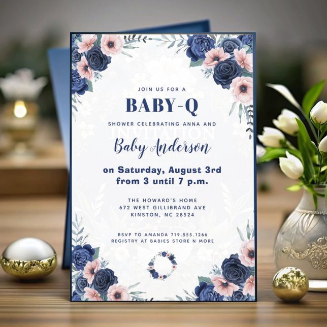 Blått Baby-Q Blommigt Ro Pastel BBQ Baby Shower Inbjudningar (Skapare uppladdad)