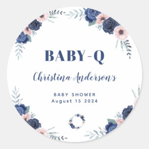 Blått Baby-Q Blommigt Ro Pastel BBQ Baby Shower Runt Klistermärke