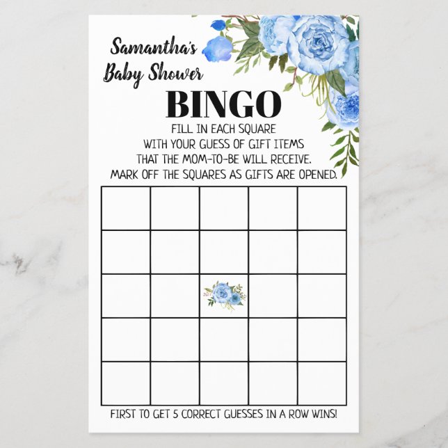 Blått baby shower bingo spelkort på engelska och s flygblad (Framsidan)