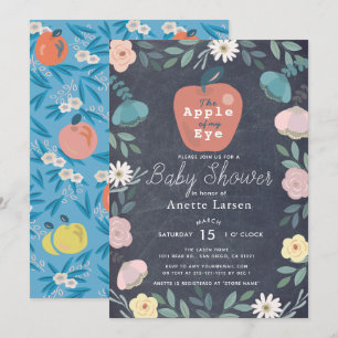 Blått babyskor för Blommigten Apple Black Chalkboa Inbjudningar
