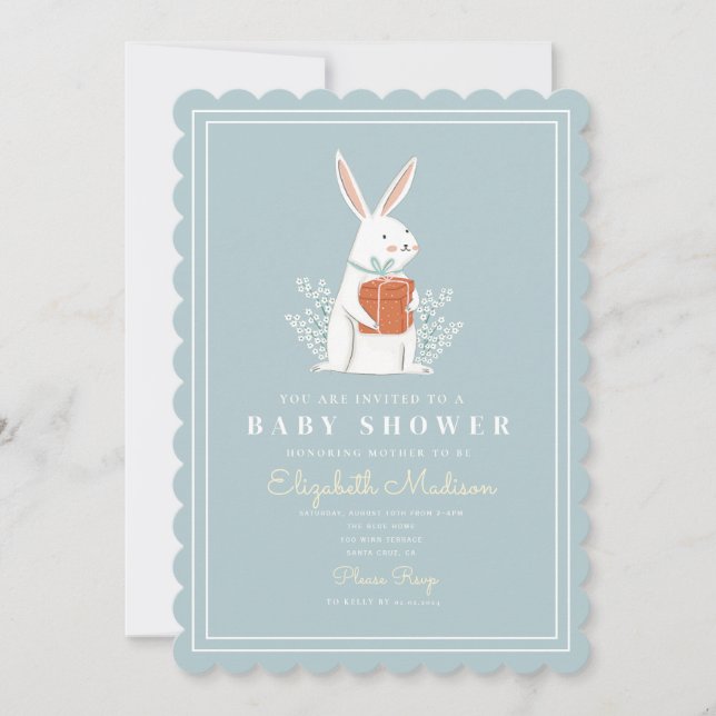 Blått babyskor för Cute White Bunny Inbjudningar (Framsida)