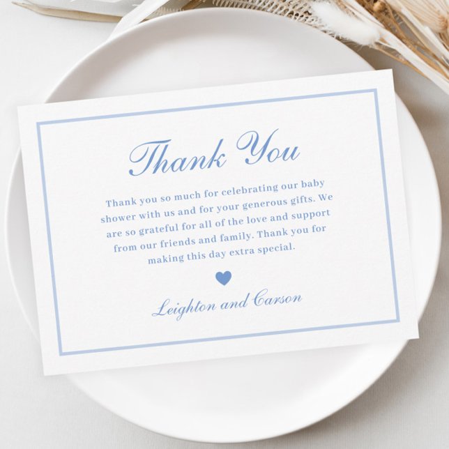 Blått babyskor för elegant-skript tack kort (Elegant Script Blue Baby Shower Thank You Card.)