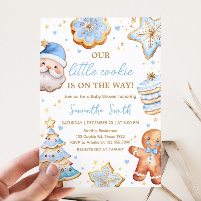 Blått babyskor för julkakor inbjudningar (Boy A Little Cookie Baby Shower Invitation)