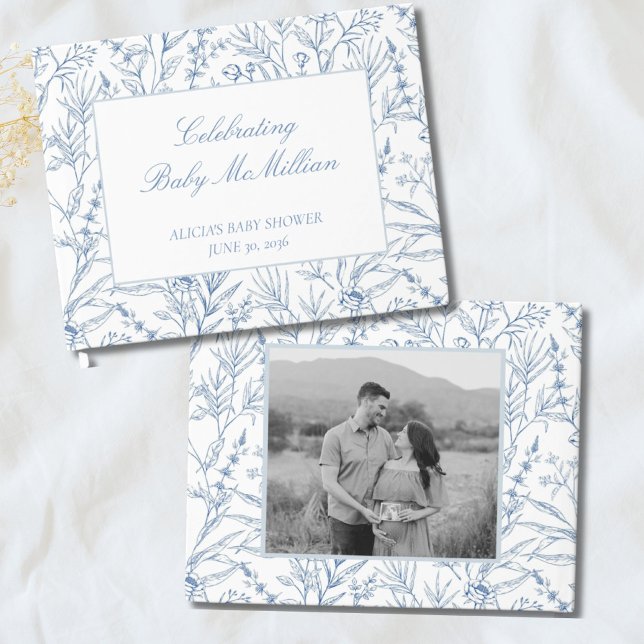 Blått babyskor för personlig Line Ritad med blå Bl Gästböcker (Personalized Line Drawn Blue Floral Baby Shower Guest Book
)