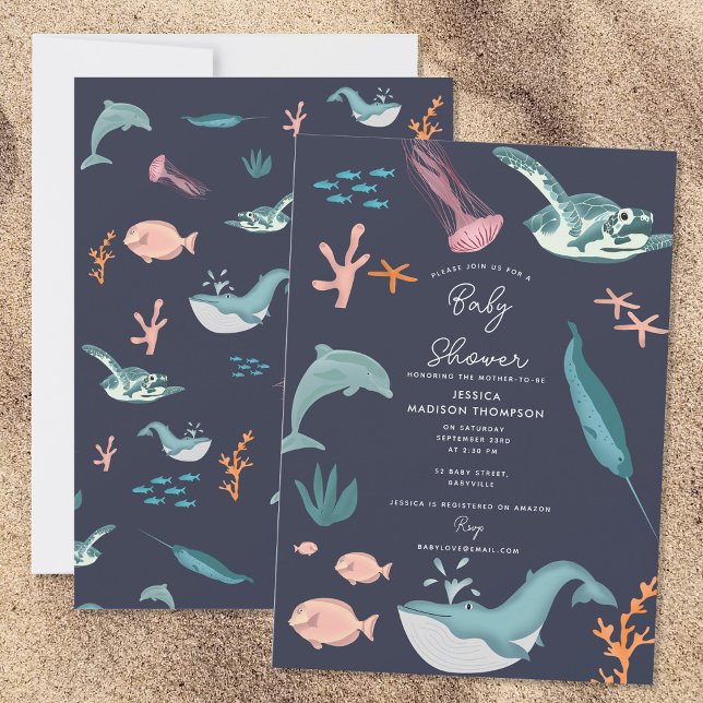 Blått babyskor för vattenfärgsdjur i havsvatten inbjudningar (Watercolor Ocean Sea Animals Blue Baby Shower Invitation)