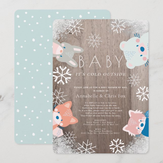 Blått babyskor för vinter Woodland Animals per e-p Inbjudningar (Fram/baksida)