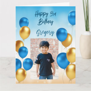 Blått bakgrundsfoto för ballonger i guld kort