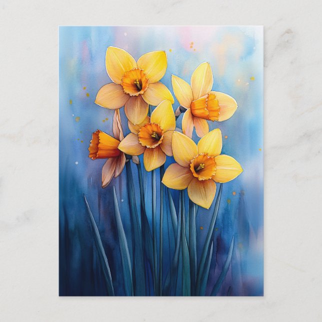 Blått bakgrundsvärde för vattenfärg Daffodils Vykort (Framsida)
