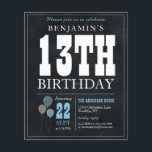 Blått Ballon för budgeterad Chic 13:e födelsedag<br><div class="desc">Rustic Vintage Chalkboard White Blue Balloon 13:e Födelsedagsfest inbjudan</div>