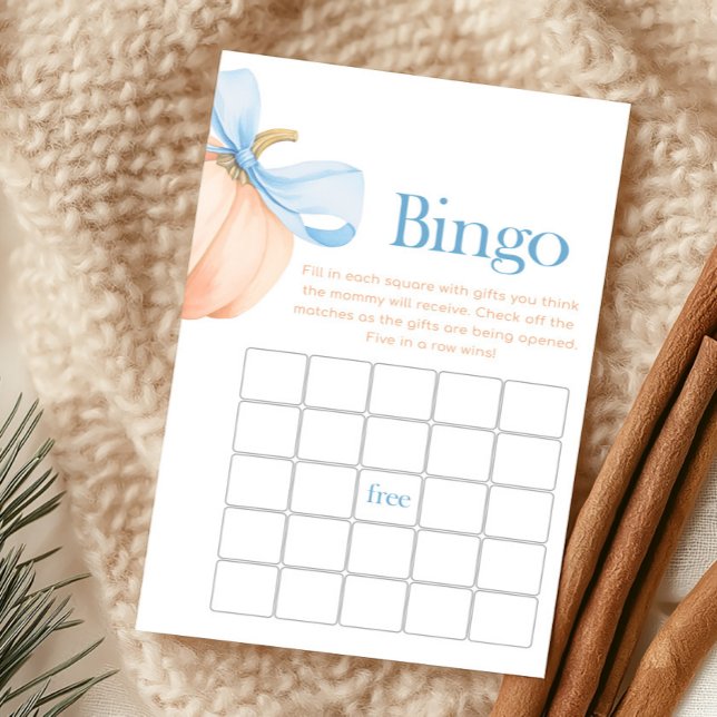 Blått band Orange Pumpa Bingo spel (Little Pumpkin Bow Baby Shower Bingo Game)