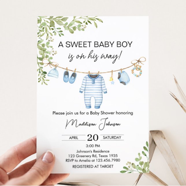 Blått Barnkläder - inbjudan till babyvisningsprogr (Boho Baby Clothes Baby Shower Invitation)