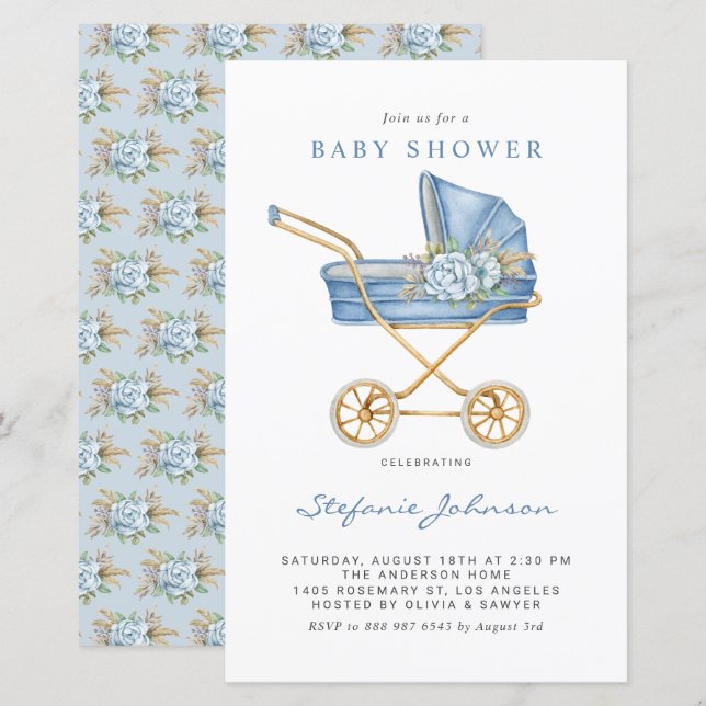 Blått Barnvagn-babyskor, inbjudan till Vintage- (Fram/baksida)