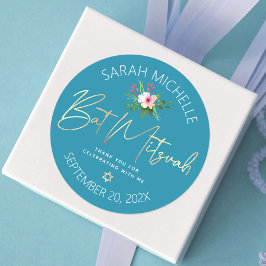 Blått Bat mitzvah Blommigt, skript Guld med vatten Runt Klistermärke