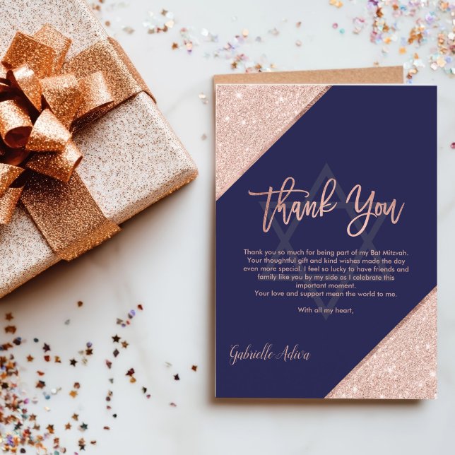 Blått Bat mitzvah för elegant Chic Guld Tack Kort (Elegant Chic Rose Gold Navy Blue Bat Mitzvah Thank You Card)
