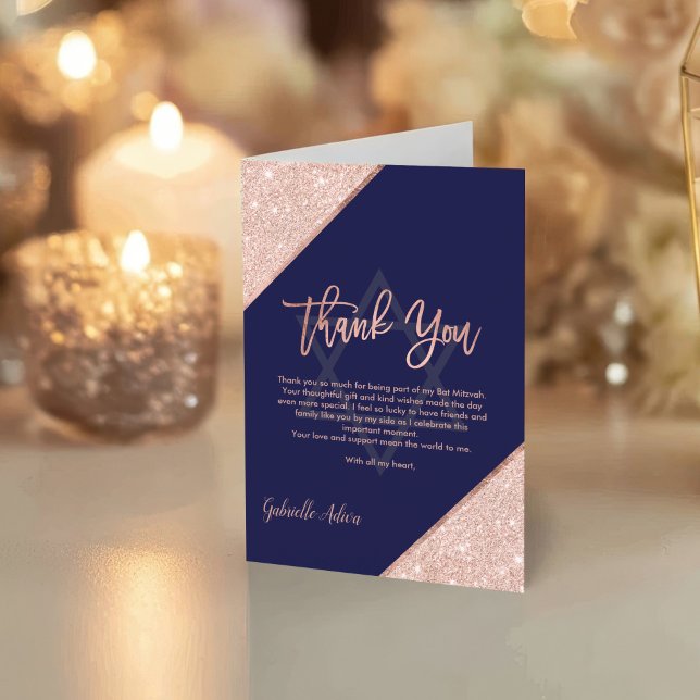 Blått Bat mitzvah för elegant Chic Guld Tack Kort (Elegant Chic Rose Gold Navy Blue Bat Mitzvah Thank You Card)