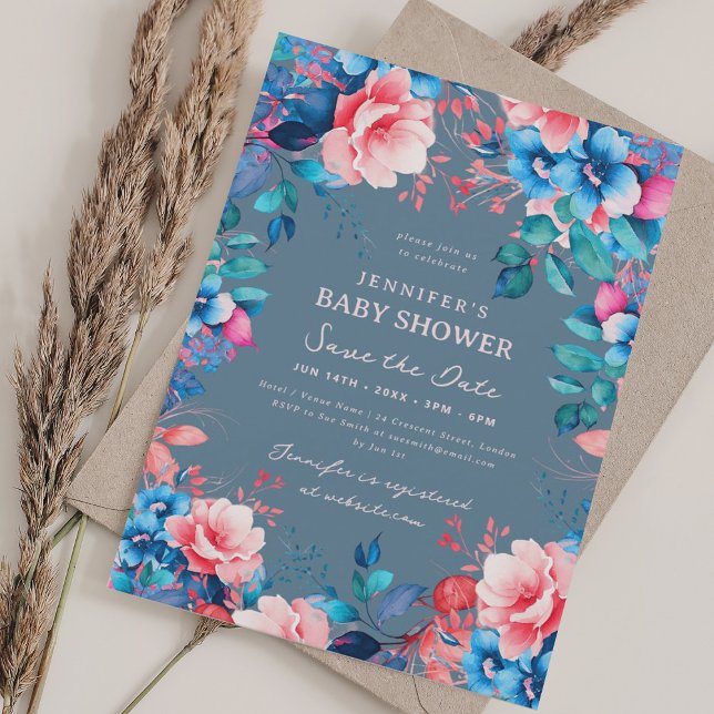 Blått bläck - blått bläck - datum - blått inbjudningar (Floral Baby Shower Blue Pink Save Date Dusty Blue Invitation)