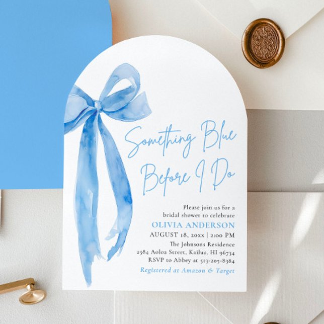 Blått blad något blått innan jag gör Möhippa Inbjudningar (Modern Watercolor Blue Bow Something Blue Before I Do Arch Bridal Shower Invitation)