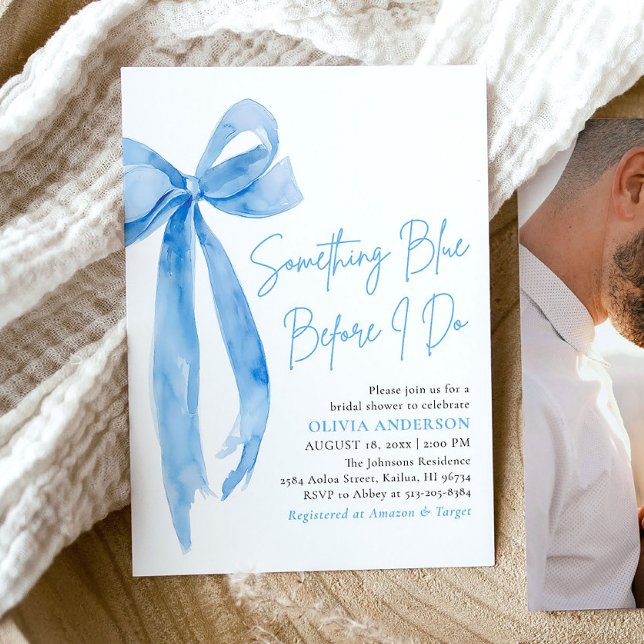 Blått blad något blått innan jag gör Möhippa Inbjudningar (Modern Watercolor Blue Bow Something Blue Before I Do Bridal Shower Invitation)