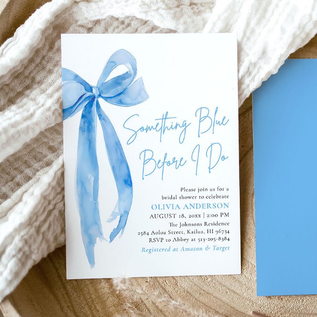 Blått blad något blått innan jag gör Möhippa Inbjudningar (Modern Watercolor Blue Bow Something Blue Before I Do Bridal Shower Invitation)