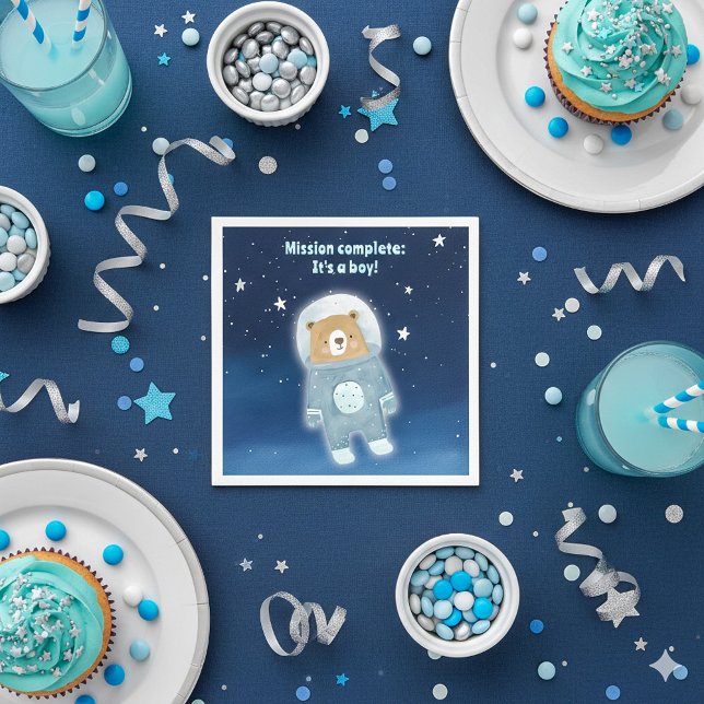 Blått blanksteg Uppdrag Fullständig start Himmel Pappersservett (Blue it's a boy space teddy bear astronaut baby shower gender reveal party napkin.)