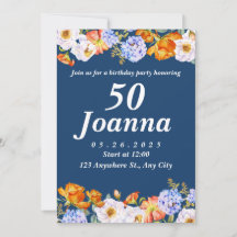 Blått Blommigt 50:e födelsedagsinbjudan