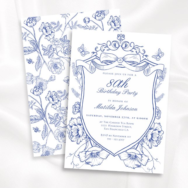 Blått Blommigt 80:e Födelsedagsfesten Inbjudningar (Blue Floral 80th Birthday Party Invitation)