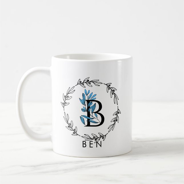 Blått Blommigt Anpassningsbar Monogram - Brev B Kaffemugg (Vänster)