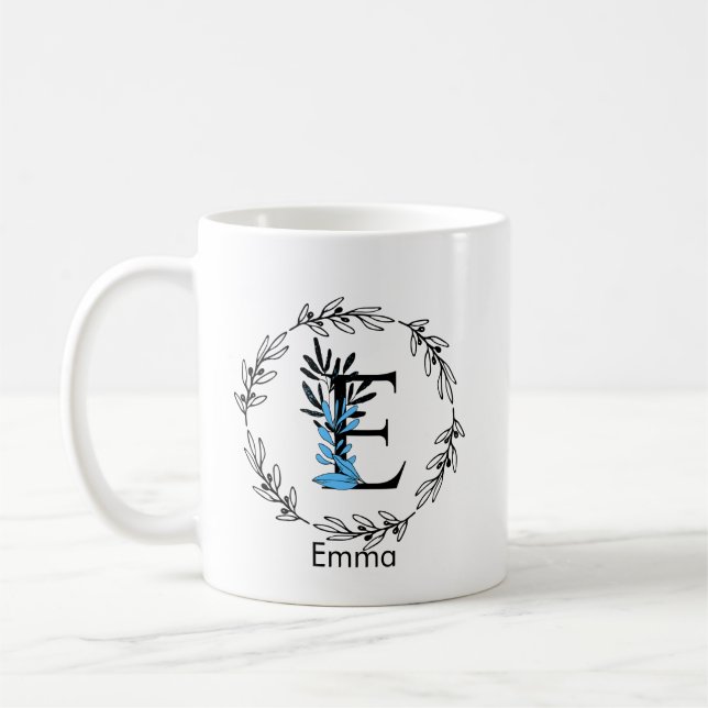 Blått Blommigt Anpassningsbar Monogram - Brev E-ka Kaffemugg (Vänster)