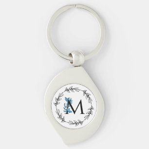 Blått Blommigt Anpassningsbar Monogram - Brev M Swirl Silverfärgad Nyckelring