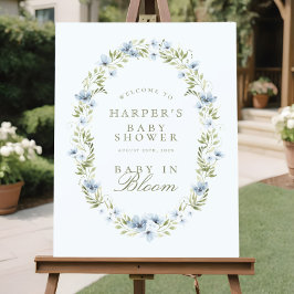 Blått Blommigt Baby i Bloom Baby Shower-skylt Poster