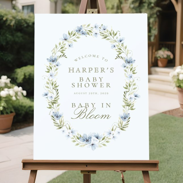 Blått Blommigt Baby i Bloom Baby Shower-skylt Poster (Skapare uppladdad)