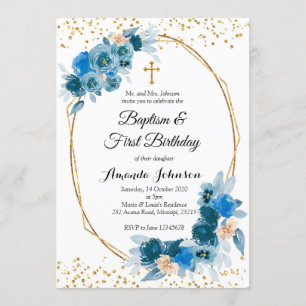 Blått Blommigt-baptism och första födelsedagsinbju Inbjudningar