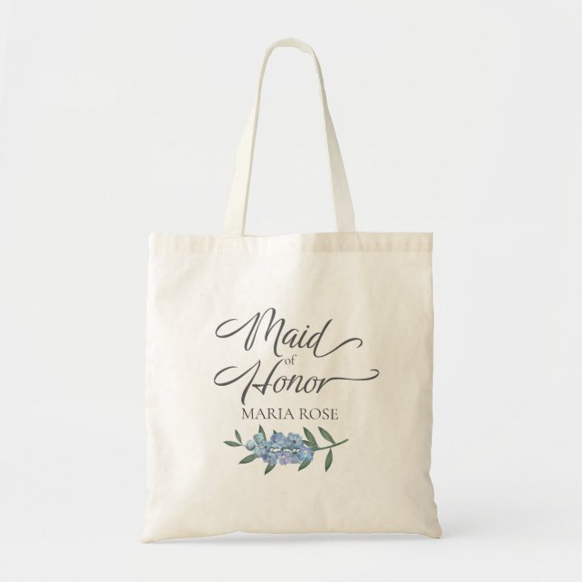 Blått Blommigt Böndesmaid Botanical Calligraphy Tygkasse (Framsidan)
