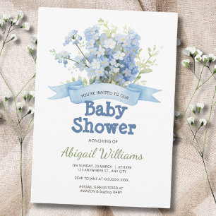 Blått Blommigt Bouquet & Ribbon Baby Shower Inbjudningar
