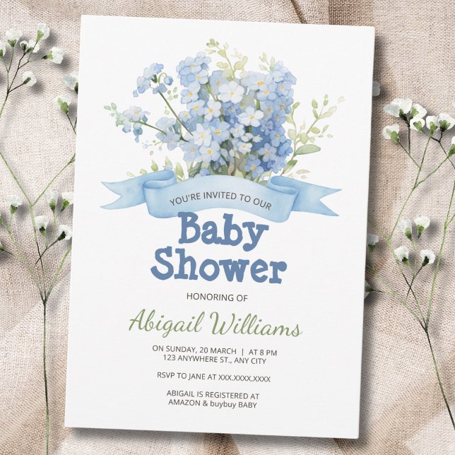 Blått Blommigt Bouquet & Ribbon Baby Shower Inbjudningar (Skapare uppladdad)