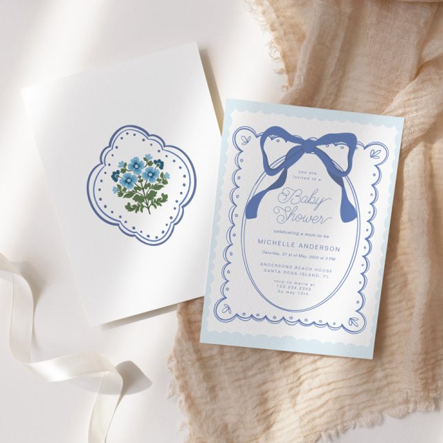 Blått Blommigt Bows Vintage Baby Shower Inbjudningar (Skapare uppladdad)